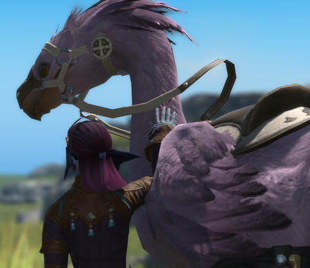 A screenshot from Final Fantasy XIV (14), showing the OP's player character (and the muse for this blog), Maral Borlaaq. She is a xaela au ra with slate-blue skin, and obsidian-blue horns, tail, and scales. She has magenta purple hair kept in a half up hal