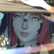 A screenshot taken in Final Fantasy XIV (14). It is a close cropped picture of the player character, Maral Borlaaq. She has magenta hair, light slate-blue skin, dark blue-black scales and horns, and her right eye is light purple while her left eye is white