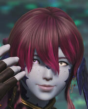 A screenshot taken in Final Fantasy XIV (14). It is a close cropped picture of the player character, Maral Borlaaq. She has magenta hair, light slate-blue skin, dark blue-black scales and horns, and her right eye is light purple while her left eye is white