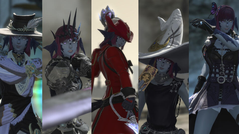 A screenshot from Final Fantasy XIV (14) showing off Maral's main five jobs: Bard, Dark Knight, Red Mage, Astrologian, and Reaper.