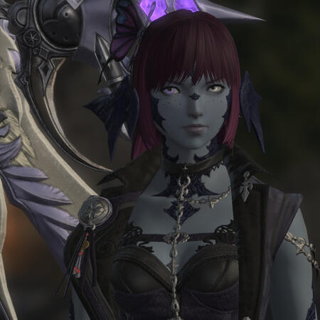 A screenshot from Final Fantasy XIV (14), featuring the player character, Maral Borlaaq. It is from the bust up. She is turned slightly towards the camera, while looking off camera with a determined expression. She wears a scythe upon her back.