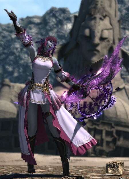 A screenshot from Final Fantasy XIV (14). It shows the player's Warrior of Light, Maral Borlaaq, on the Azim Steppe. She is a xaela au ra, and is is wearing a purple outfit that looks easy to move in, designed for combat, and yet is elegant at the same tim