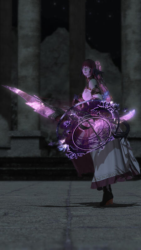 A screenshot from Final Fantasy XIV (14), showing the OP's player character (and the muse for this blog), Maral Borlaaq. She is a xaela au ra with slate-blue skin, and obsidian-blue horns, tail, and scales. She has magenta purple hair kept in a half up hal