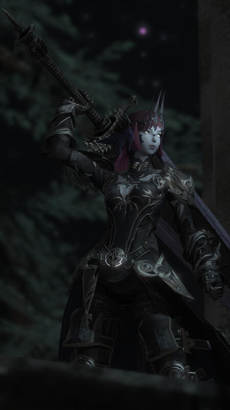 A screenshot from Final Fantasy XIV (14), showing the OP's player character (and the muse for this blog), Maral Borlaaq. She is a xaela au ra with slate-blue skin, and obsidian-blue horns, tail, and scales. She has magenta purple hair kept in a half up hal