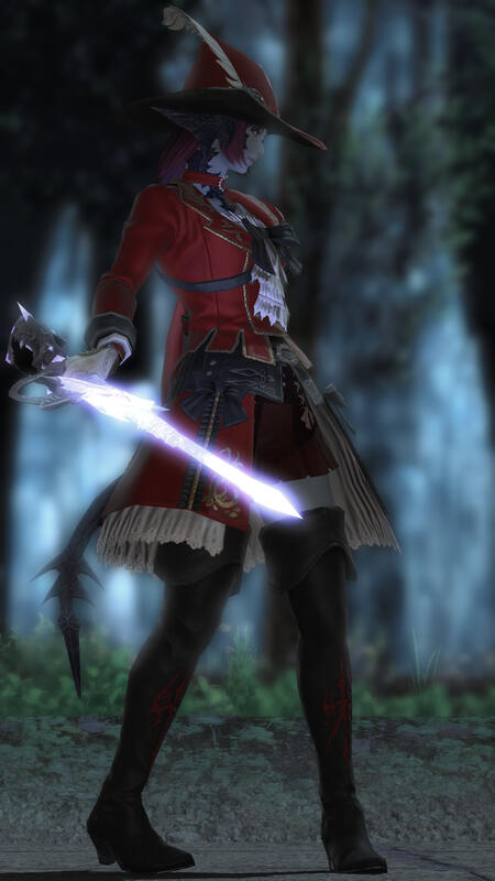 A screenshot from Final Fantasy XIV (14), showing the OP's player character (and the muse for this blog), Maral Borlaaq. She is a xaela au ra with slate-blue skin, and obsidian-blue horns, tail, and scales. She has magenta purple hair kept in a half up hal