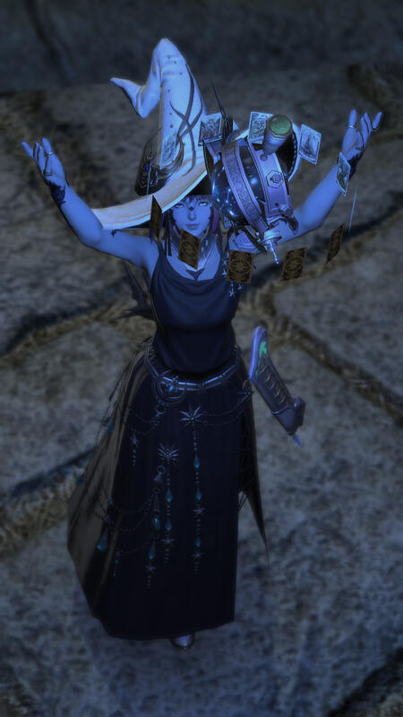 A screenshot from Final Fantasy XIV (14), showing the OP's player character (and the muse for this blog), Maral Borlaaq. She is a xaela au ra with slate-blue skin, and obsidian-blue horns, tail, and scales. She has magenta purple hair kept in a half up hal