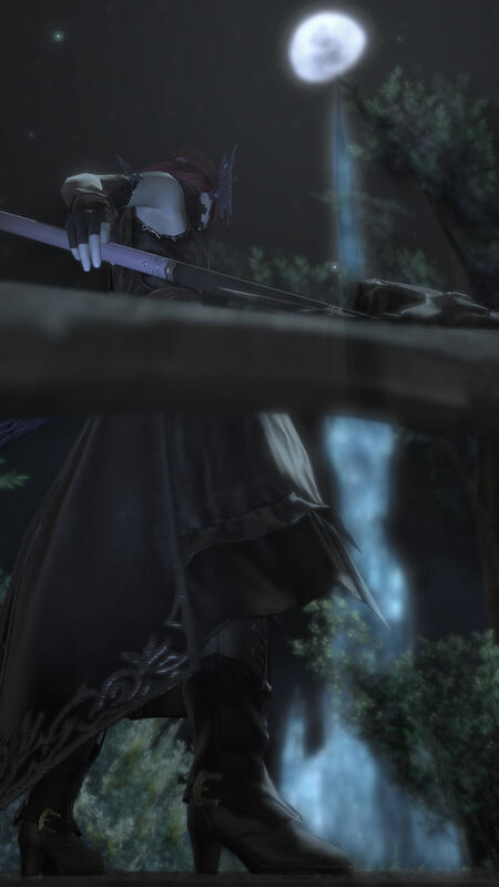 A screenshot from Final Fantasy XIV (14), showing the OP's player character (and the muse for this blog), Maral Borlaaq. She is a xaela au ra with slate-blue skin, and obsidian-blue horns, tail, and scales. She has magenta purple hair kept in a half up hal